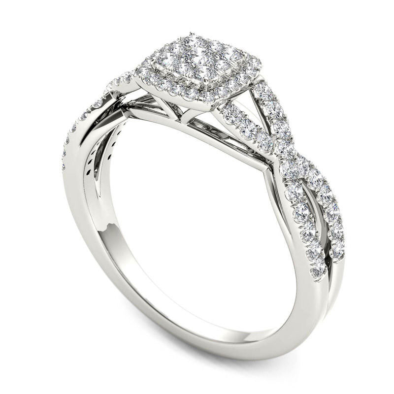 0.50 CT. T.W. Composite Square Natural Diamond Frame Twist Shank Engagement Ring in Solid 14K White Gold