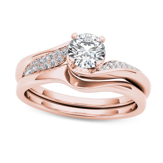 0.63 CT. T.W. Natural Diamond Twist Bypass Bridal Engagement Ring Set in Solid 14K Rose Gold