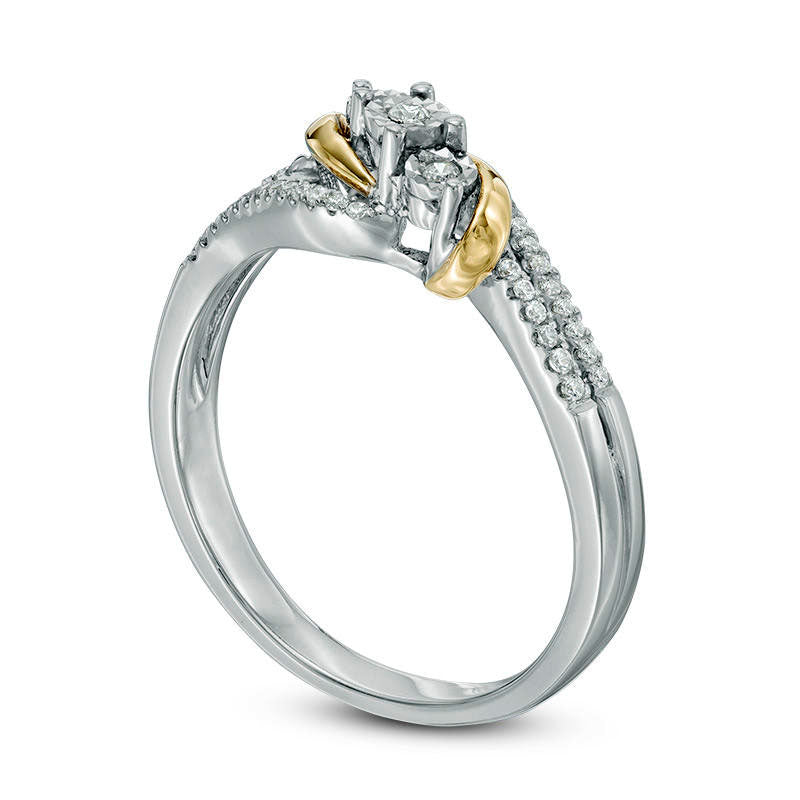 0.13 CT. T.W. Natural Diamond Three Stone Bypass Split Shank Ring in Sterling Silver and Solid 10K Yellow Gold