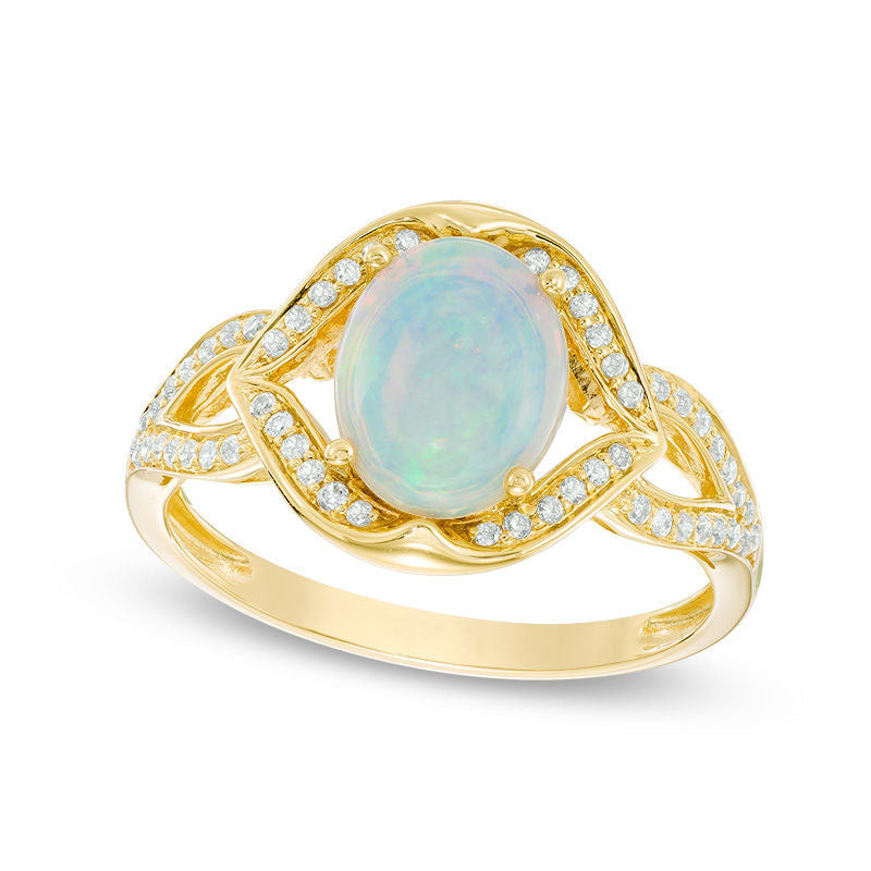 Oval Opal and 0.17 CT. T.W. Natural Diamond Split Shank Ring in Solid 10K Yellow Gold