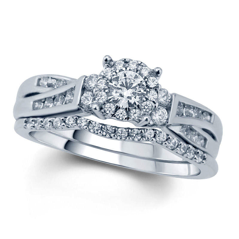 0.75 CT. T.W. Natural Diamond Frame Twist Shank Bridal Engagement Ring Set in Solid 10K White Gold