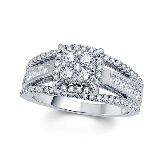 1.0 CT. T.W. Composite Natural Diamond Cushion Frame Split Shank Engagement Ring in Solid 10K White Gold