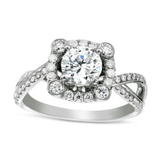 0.75 CT. T.W. Natural Diamond Cushion Frame Twist Shank Engagement Ring in Solid 14K White Gold