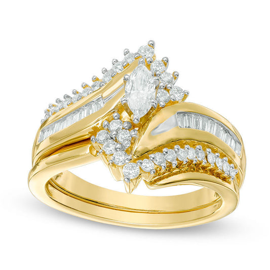 0.75 CT. T.W. Marquise Natural Diamond Bypass Bridal Engagement Ring Set in Solid 14K Gold