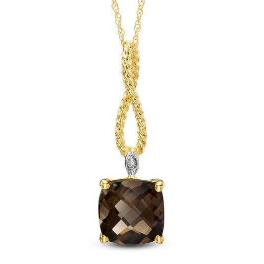 8.0mm Cushion-Cut Smoky Quartz and Natural Diamond Accent Rope Drop Pendant in 10K Yellow Gold