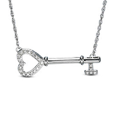 0.1 CT. T.W. Natural Diamond Sideways Heart Key Necklace in Sterling Silver