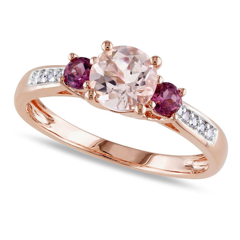 6.0mm Morganite, Pink Tourmaline and Natural Diamond Accent Three Stone Ring in Solid 10K Rose Gold