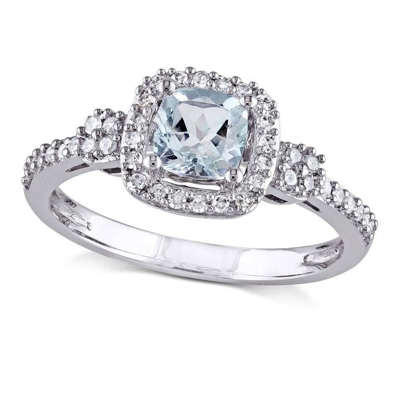 5.0mm Cushion-Cut Aquamarine and0.17 CT. T.W. Natural Diamond Frame Ring in Solid 10K White Gold