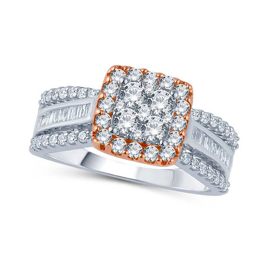 1.0 CT. T.W. Composite Natural Diamond Square Frame Multi-Row Engagement Ring in Solid 10K Two-Tone Gold