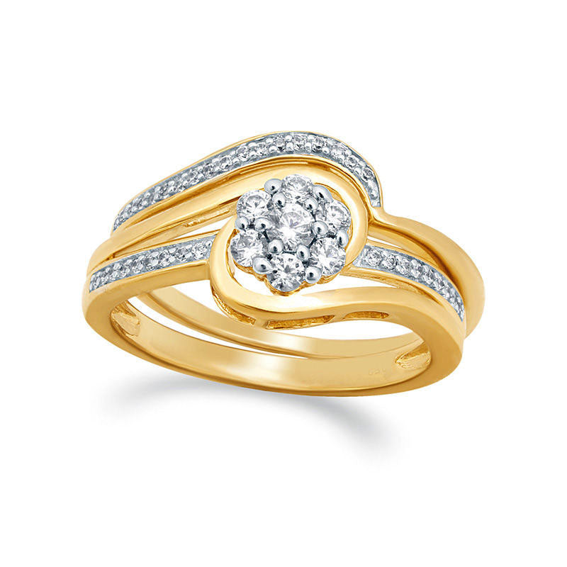 0.33 CT. T.W. Composite Natural Diamond Flower Swirl Bypass Bridal Engagement Ring Set in Solid 10K Yellow Gold