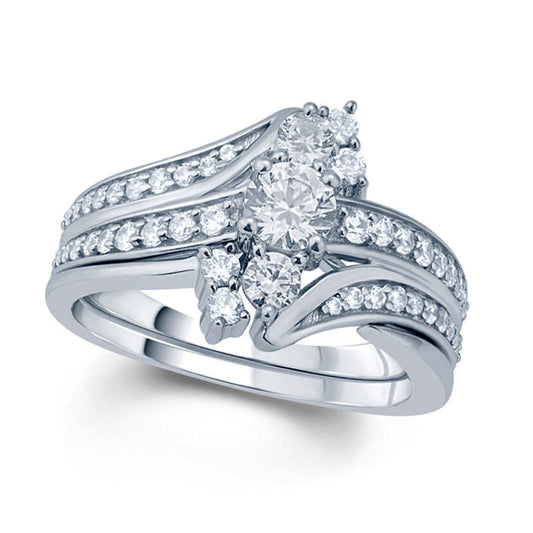 1.0 CT. T.W. Natural Diamond Bypass Three Stone Bridal Engagement Ring Set in Solid 10K White Gold