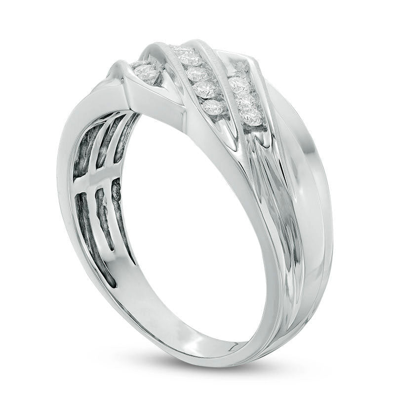 Men's 0.38 CT. T.W. Natural Diamond Slanted Three Row Ring in Solid 10K White Gold