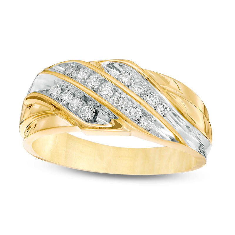 Men's 0.38 CT. T.W. Natural Diamond Slanted Three Row Ring in Solid 10K Two-Tone Gold