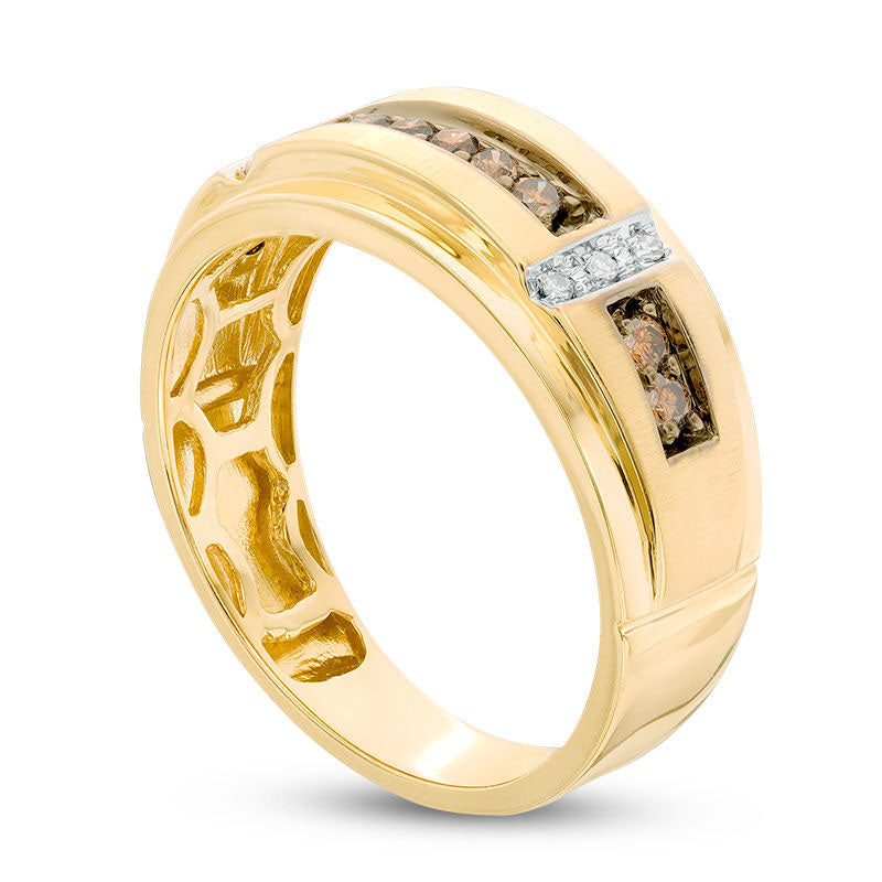 Men's 0.33 CT. T.W. Champagne and White Natural Diamond Satin Wedding Band in Solid 10K Yellow Gold