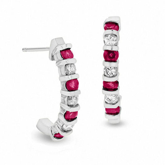 Ruby and 0.33 CT. T.W. Diamond J-Hoop Earrings in 14K White Gold