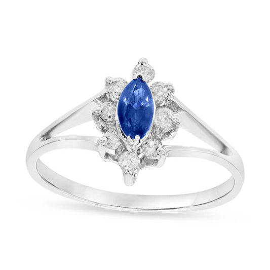 Marquise Blue Sapphire and 0.17 CT. T.W. Natural Diamond Frame Split Shank Ring in Solid 14K White Gold