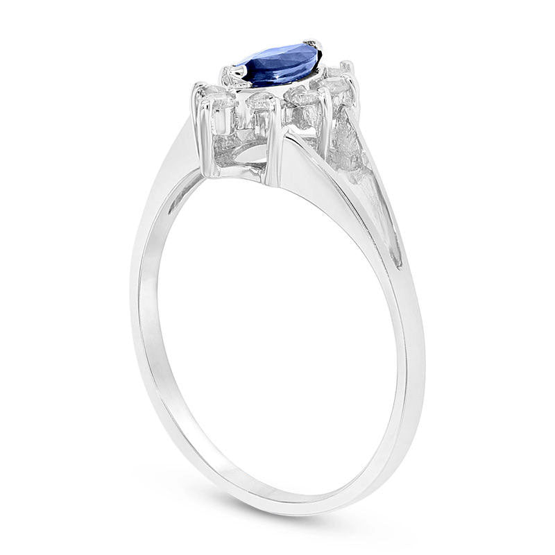 Marquise Blue Sapphire and 0.17 CT. T.W. Natural Diamond Frame Split Shank Ring in Solid 14K White Gold