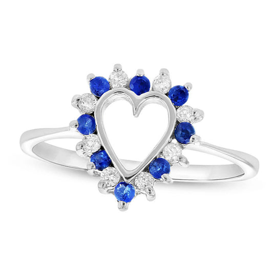 Blue Sapphire and 0.17 CT. T.W. Natural Diamond Heart Outline Ring in Solid 14K White Gold