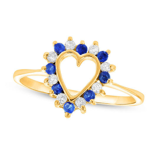 Blue Sapphire and 0.17 CT. T.W. Natural Diamond Heart Outline Ring in Solid 14K Gold