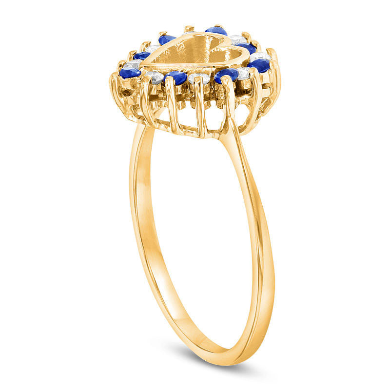 Blue Sapphire and 0.17 CT. T.W. Natural Diamond Heart Outline Ring in Solid 14K Gold