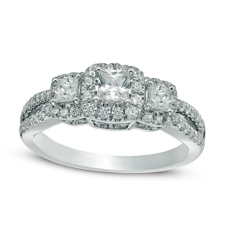 1.0 CT. T.W. Princess-Cut Natural Diamond Frame Three Stone Antique Vintage-Style Engagement Ring in Solid 14K White Gold