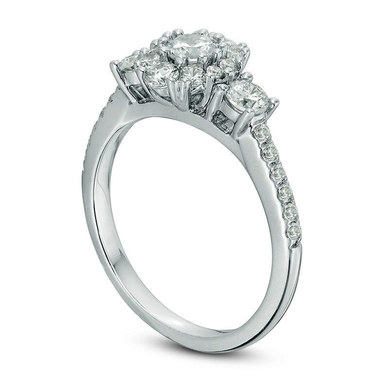 1.0 CT. T.W. Natural Diamond Frame Three Stone Engagement Ring in Solid 14K White Gold