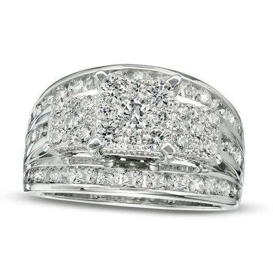 2.0 CT. T.W. Composite Natural Diamond Square Frame Three Stone Multi-Row Engagement Ring in Solid 14K White Gold