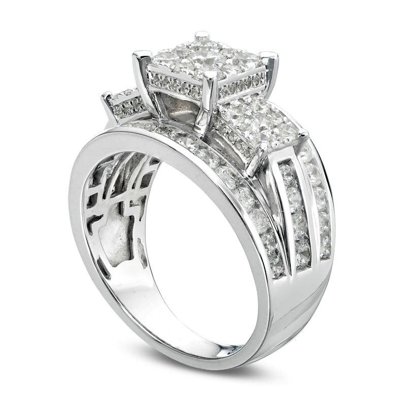 2.0 CT. T.W. Composite Natural Diamond Square Frame Three Stone Multi-Row Engagement Ring in Solid 14K White Gold