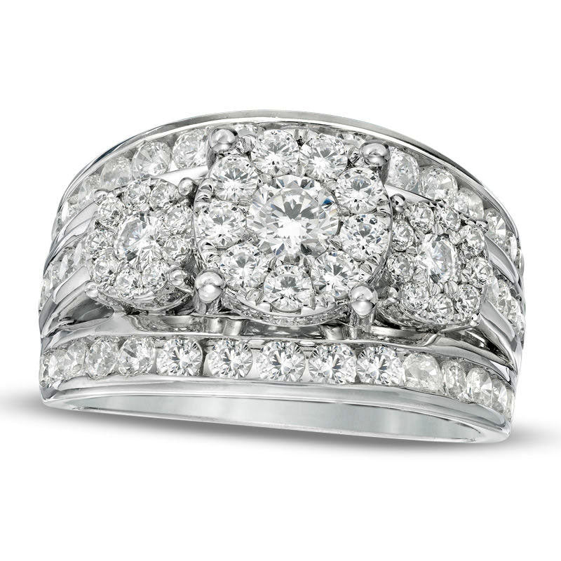 2.0 CT. T.W. Natural Diamond Frame Three Stone Multi-Row Engagement Ring in Solid 14K White Gold