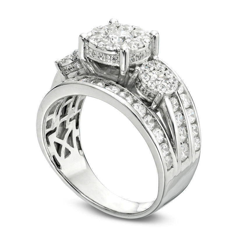 2.0 CT. T.W. Natural Diamond Frame Three Stone Multi-Row Engagement Ring in Solid 14K White Gold