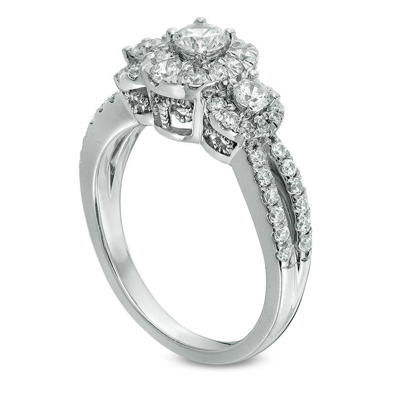 1.0 CT. T.W. Natural Diamond Frame Three Stone Antique Vintage-Style Engagement Ring in Solid 14K White Gold