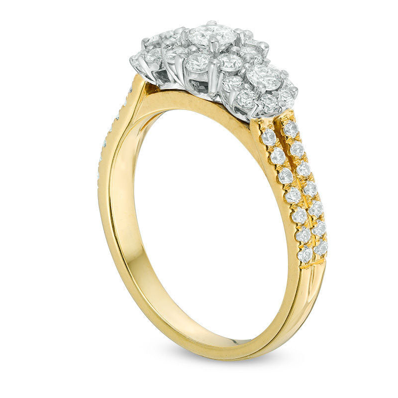 1.0 CT. T.W. Natural Diamond Frame Three Stone Engagement Ring in Solid 14K Two-Tone Gold