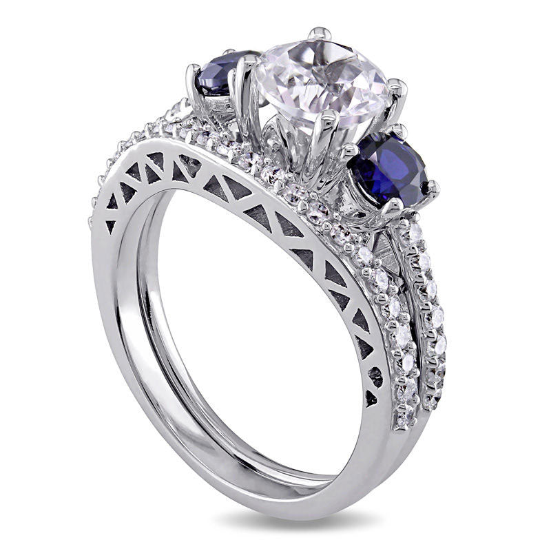 6.5mm Lab-Created White and Blue Sapphire with 0.33 CT. T.W. Diamond Three Stone Bridal Engagement Ring Set in Solid 10K White Gold