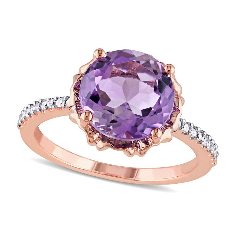 10.0mm Amethyst and 0.10 CT. T.W. Natural Diamond Heart Cutout Frame Ring in Solid 10K Rose Gold