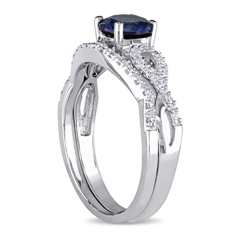 6.0mm Lab-Created Blue Sapphire and 0.13 CT. T.W. Diamond Twist Shank Bridal Engagement Ring Set in Solid 10K White Gold