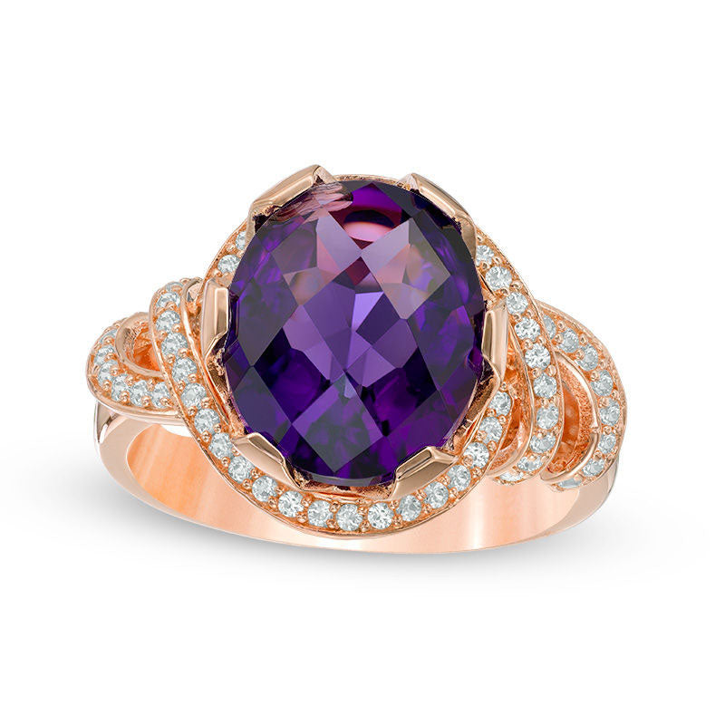 Oval Faceted Amethyst and 0.33 CT. T.W. Natural Diamond Ribbon Frame Ring in Solid 10K Rose Gold