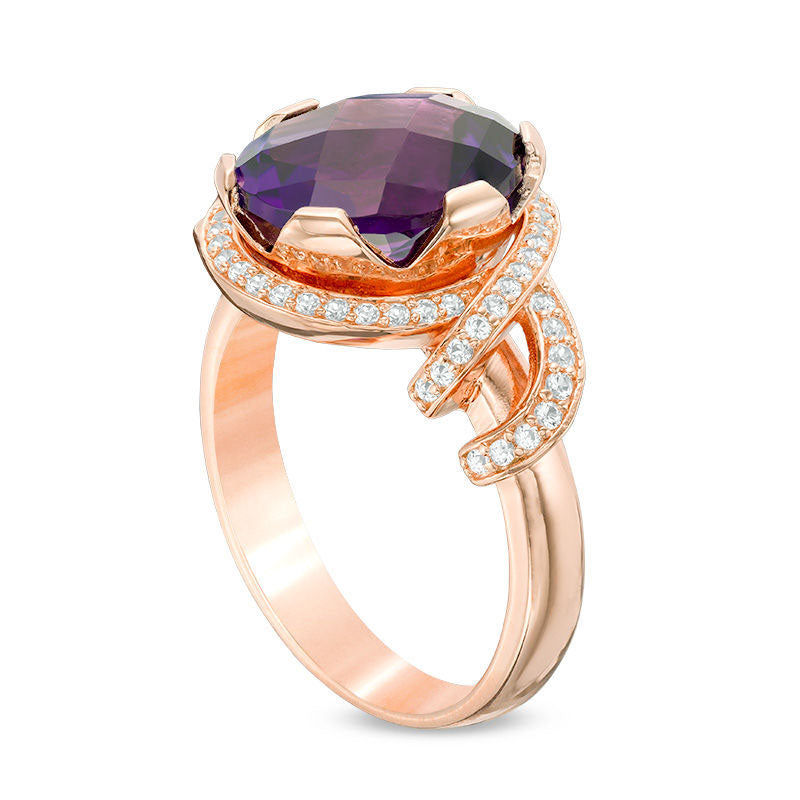 Oval Faceted Amethyst and 0.33 CT. T.W. Natural Diamond Ribbon Frame Ring in Solid 10K Rose Gold