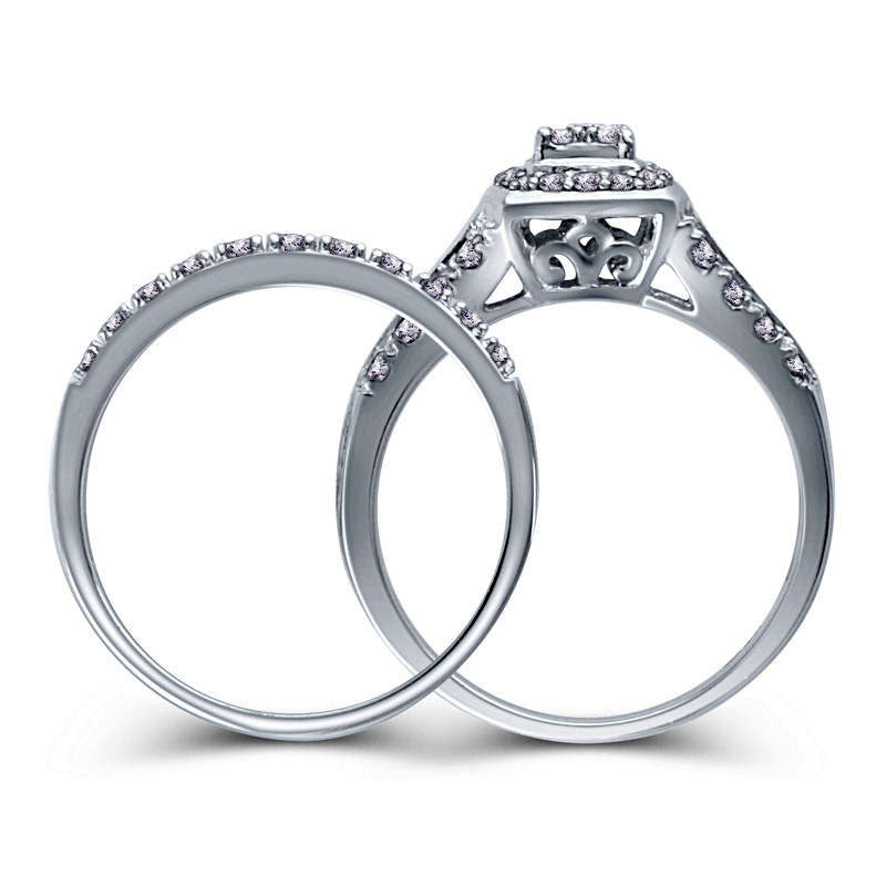 0.50 CT. T.W. Quad Natural Diamond Cushion Frame Multi-Row Bridal Engagement Ring Set in Sterling Silver