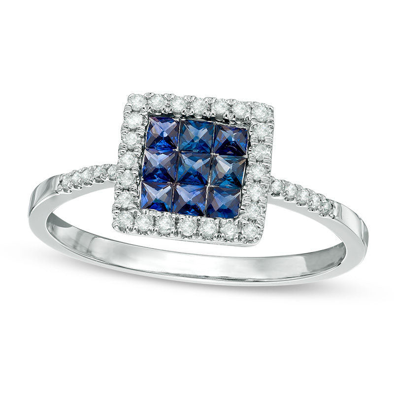 Princess-Cut Blue Sapphire and 0.13 CT. T.W. Natural Diamond Square Frame Ring in Solid 14K White Gold