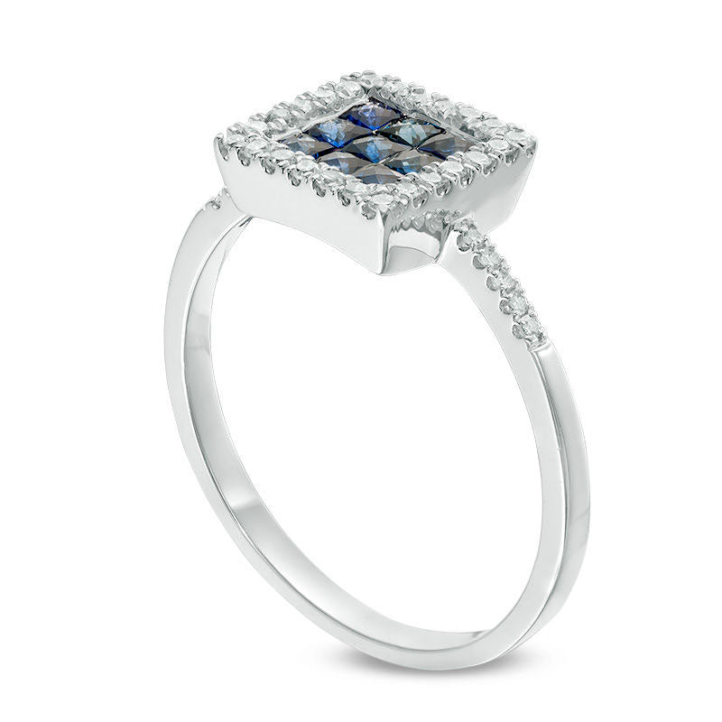 Princess-Cut Blue Sapphire and 0.13 CT. T.W. Natural Diamond Square Frame Ring in Solid 14K White Gold