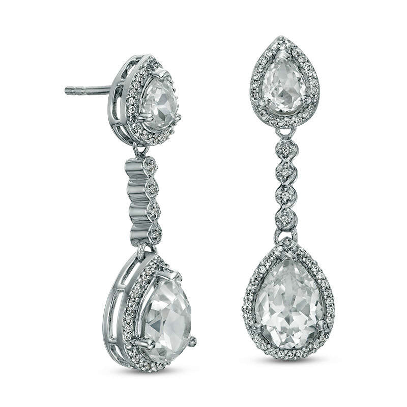 Pear-Shaped Lab-Created White Sapphire and 0.2 CT. T.W. Diamond Frame Double Drop Earrings in 10K White Gold