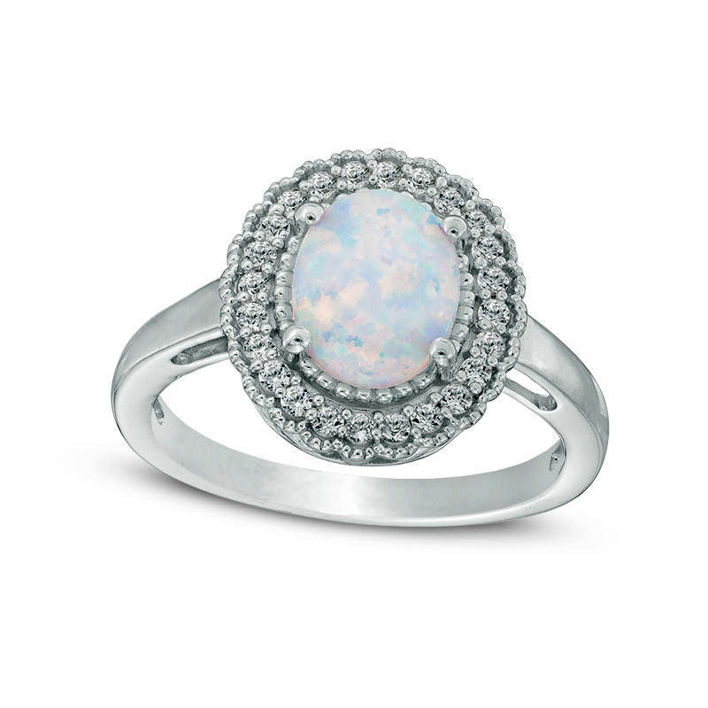 Oval Lab-Created Opal and White Sapphire Antique Vintage-Style Scalloped Frame Ring in Sterling Silver