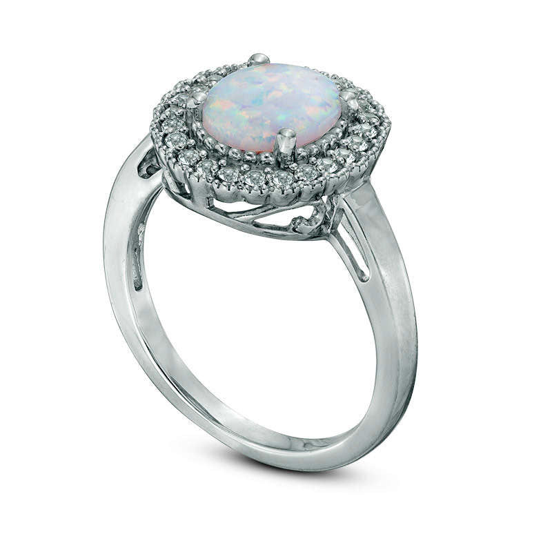 Oval Lab-Created Opal and White Sapphire Antique Vintage-Style Scalloped Frame Ring in Sterling Silver