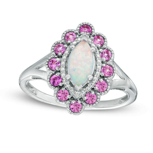 Marquise Lab-Created Opal with Pink and White Sapphire Scallop Frame Ring in Sterling Silver