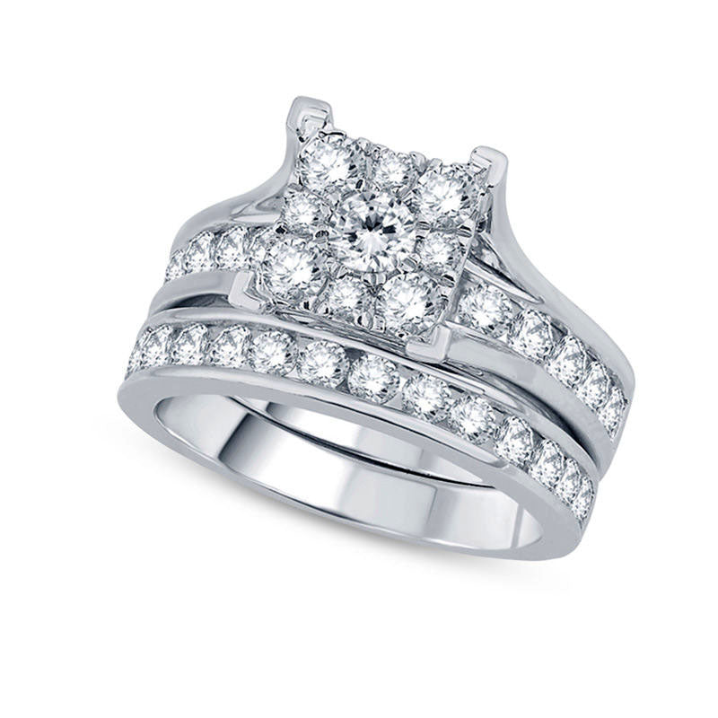 2.0 CT. T.W. Composite Natural Diamond Square Frame Bridal Engagement Ring Set in Solid 14K White Gold