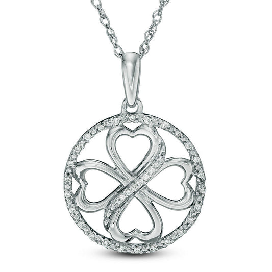 0.1 CT. T.W. Natural Diamond Heart-Shaped Four Leaf Clover Circle Pendant in Sterling Silver