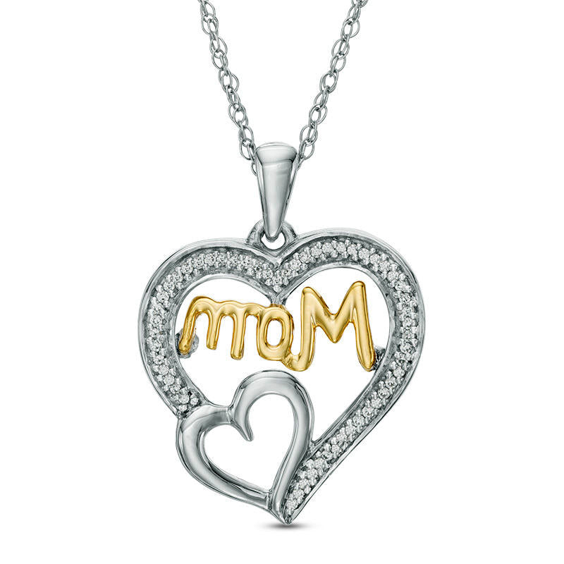 0.1 CT. T.W. Natural Diamond "Mom" Double Heart Pendant in Sterling Silver and 10K Yellow Gold