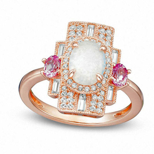 Oval Opal Pink Sapphire and 0.38 CT. T.W. Natural Diamond Antique Vintage-Style Art Deco Ring in Solid 10K Rose Gold