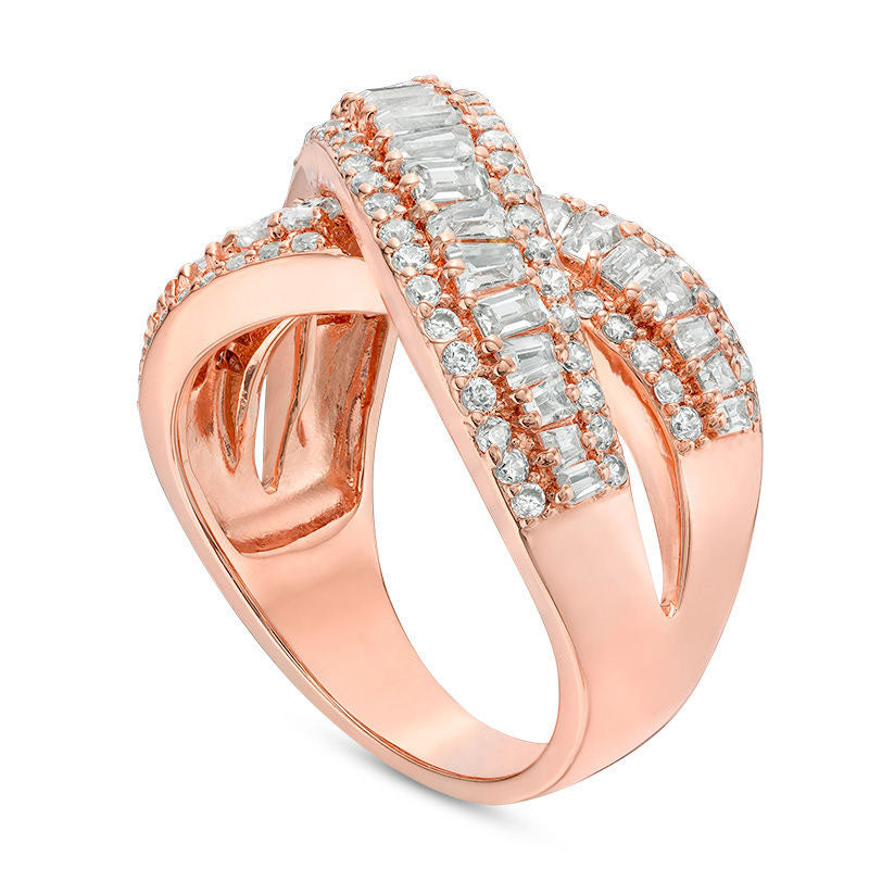 Baguette and Round Lab-Created White Sapphire Crossover Ring in Sterling Silver with Solid 18K Rose Gold Plate