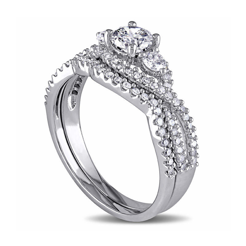 1.13 CT. T.W. Natural Diamond Three Stone Twist Bypass Bridal Engagement Ring Set in Solid 14K White Gold